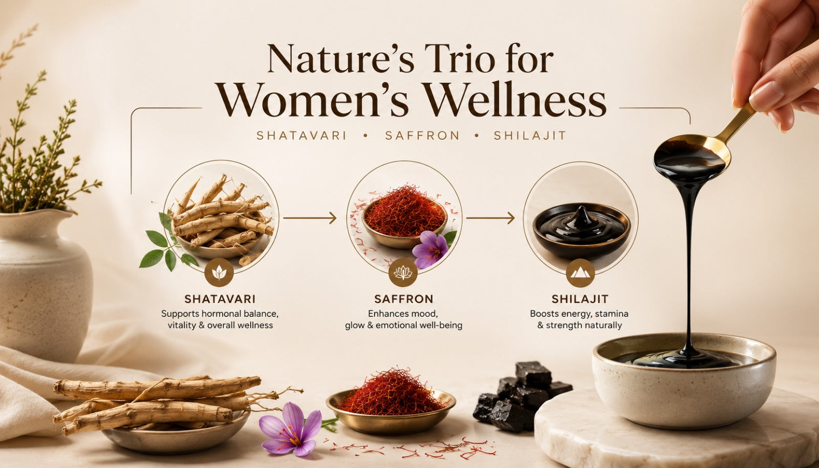 Shatavari, Saffron, and Shilajit: the three ingredients every woman's body needs